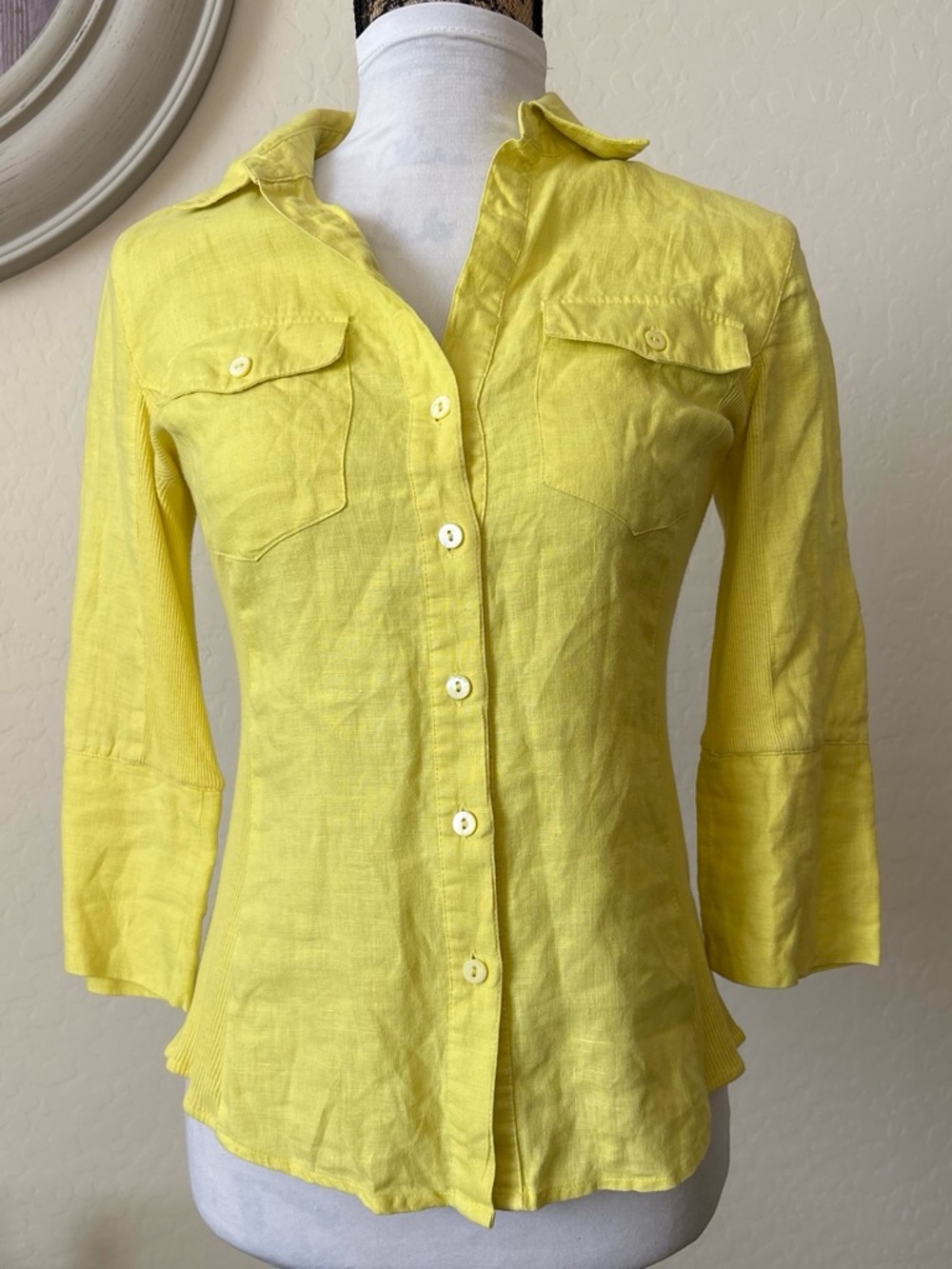 Tracy M Bright Yellow 100% Linen Button-Front slim Blouse. MP